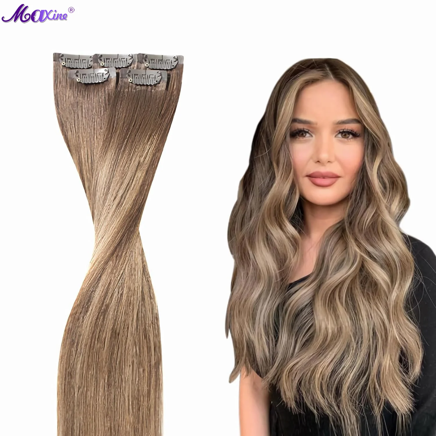 Hair Extensions Real Human Hair Ash Brown Highlights Platinum Blonde Clip in Hair Extensions 5pcs 30g 16 Inch Remy Hair Seamless