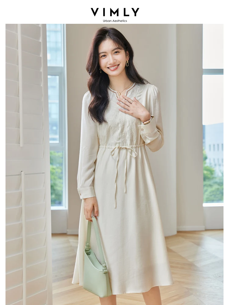 

VIMLY Embroidery Midi Dress for Women 2025 Autumn French Style Elegant Fashion V Neck A-Line Tie Belt Fitted Dresses Lady M2666