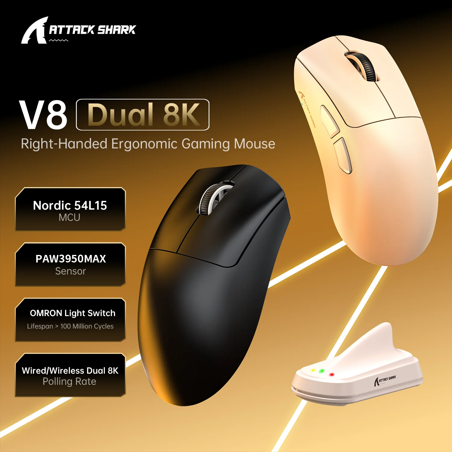 ATTACK SHARK V8 Ultra-Light Ergonomic Wireless Gaming Mouse, Nordic 54L15MCU, PAW3950MAX Sensor, 42000 DPI, Tri Mode Connection