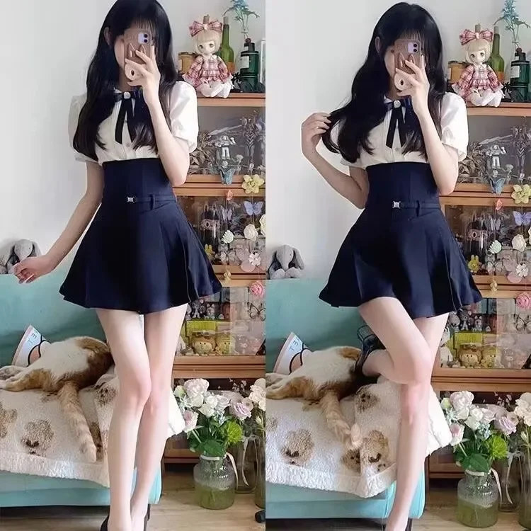Set uniforme scolastica per ragazza calda in stile college americano Set di culottes a vita alta con fiocco superiore migliorato Set uniforme Jk quotidiano in stile giapponese coreano