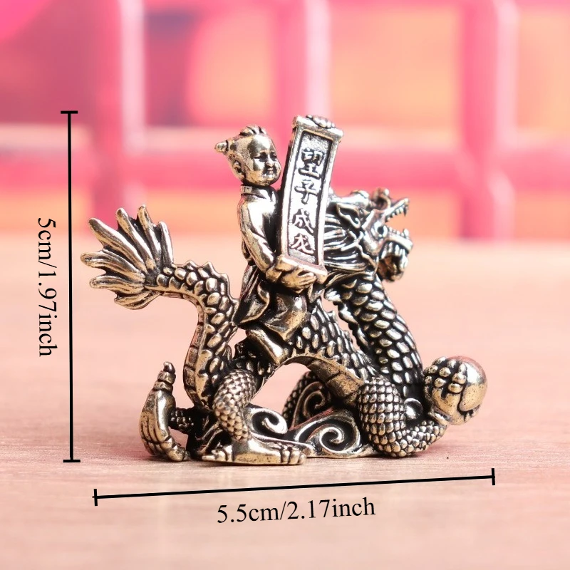 Brass Wish Children Success Dragon Figurine, Vintage Chinese Kid Riding Dragon Mini Statue, Desktop Table Decor