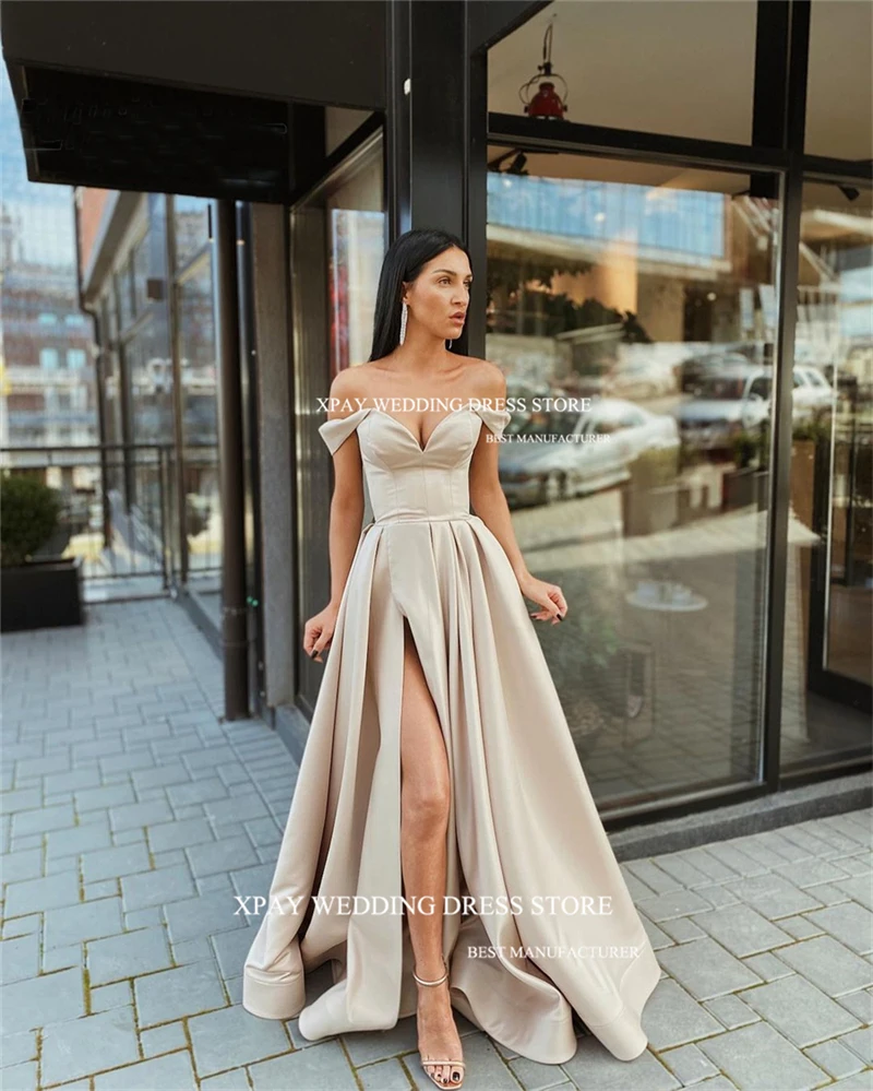 XPAY Variety Neckline Modest Satin Prom Dresses Floor-Length High Split Dubai Arabia Women Evening Gowns Cocktail Party Dress