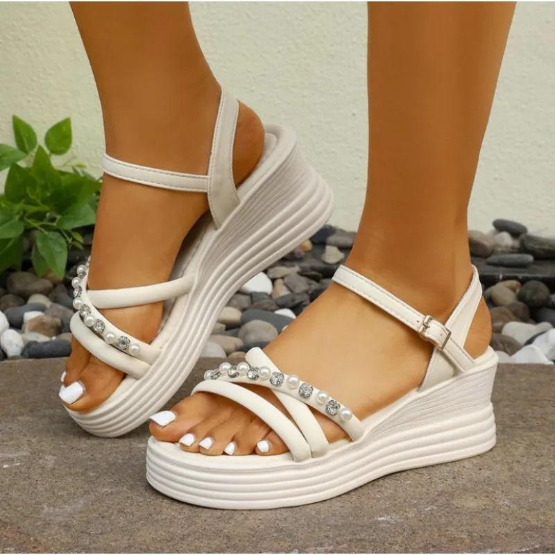 

2026 Fashionable Comfortable Thick Soled High-heeled Sandals for Women Summer New Round Toe Rhinestone Open Toe Casual Sandals
