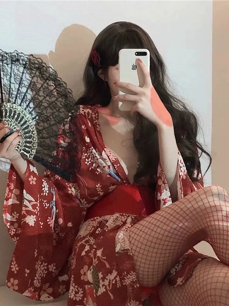 Sexo japonês quimono sexy pijamas cosplay outfit para mulheres estilo tradicional robe yukata sakura trajes pijamas cinto de seda macia