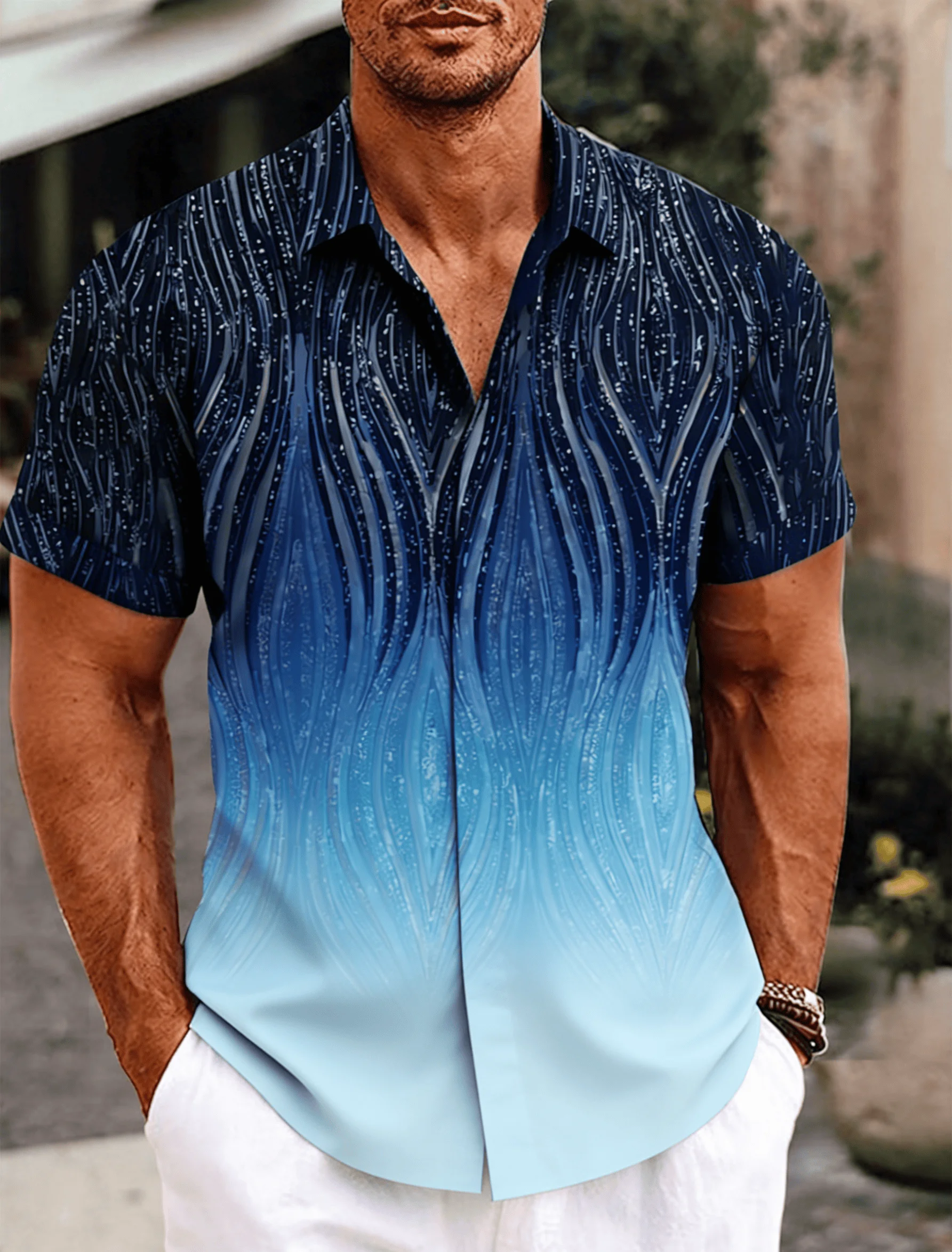 Men's Gradient Line Print Short Sleeve Shirt, Spring Summer Forest Vacation Casual Top, Pocket Lapel Style