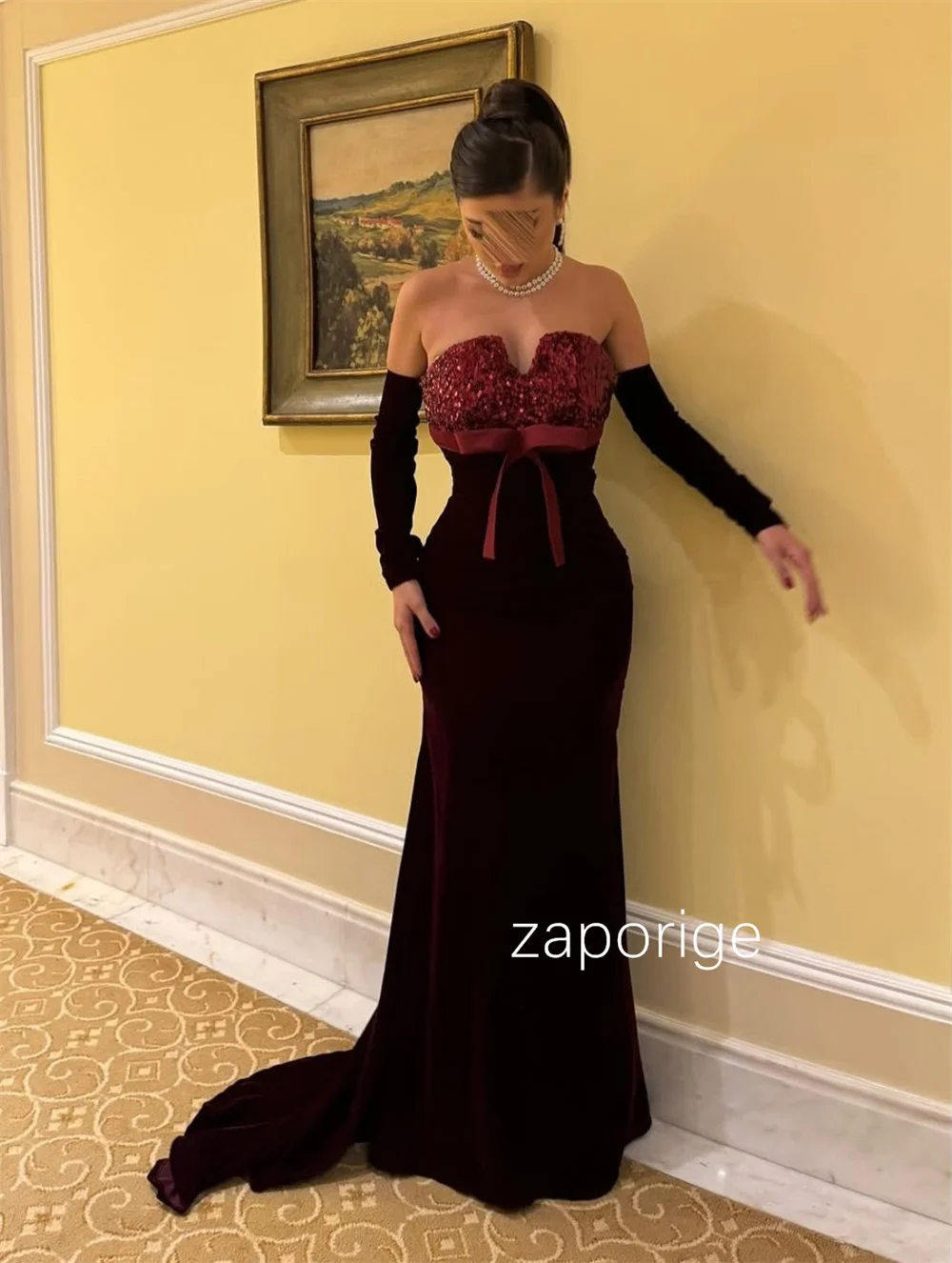 Customized Formal Velour Pleat Sequined Bow Trumpet Sweetheart Long Dresses Bespoke Occasion Prom Sizes Available
