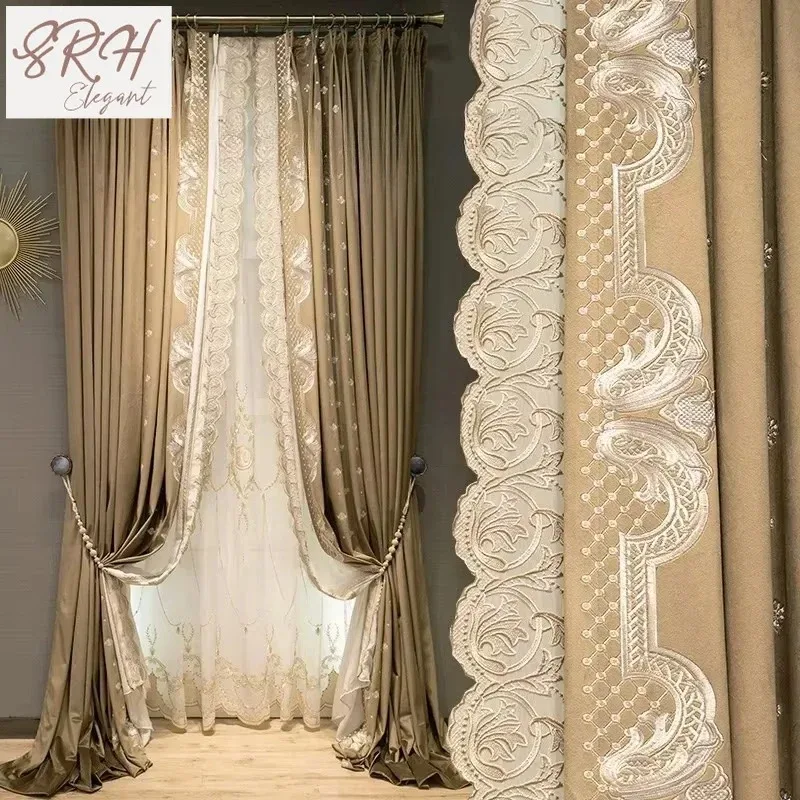

French Luxury Curtains for Living Bedroom Milk Coffee Color Shading Curtains Velvet Embroidered Blackout Curtain White Tulle。