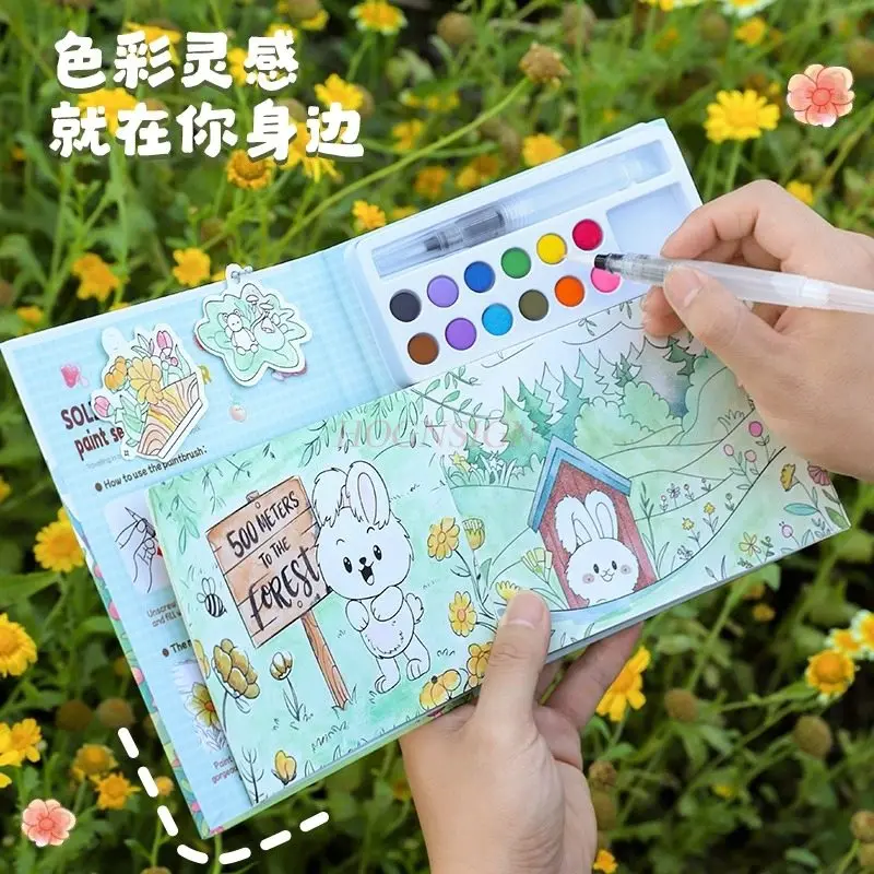 Creative Watercolor Coloring Notebook Portable Coloring Notebook Comes with Paint Graffiti Wetted Painting Notebook