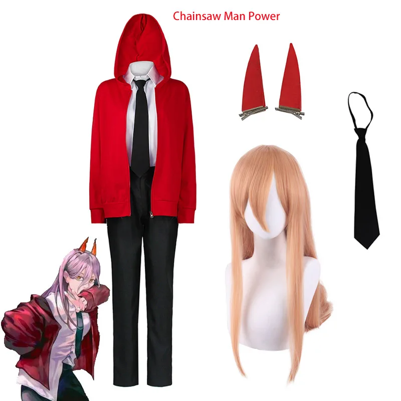 

Anime Man Power Cosplay Costume Blood Devil Red Jacket Shirt with Headwear Full Set Power Cosplay Wig Orange Hair