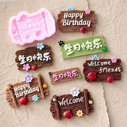 Forest Pastoral Style Silicone Molds Wooden Sign Chinese and English Happy Birthday Sign Cake Chocolate Fondant Resin Mold