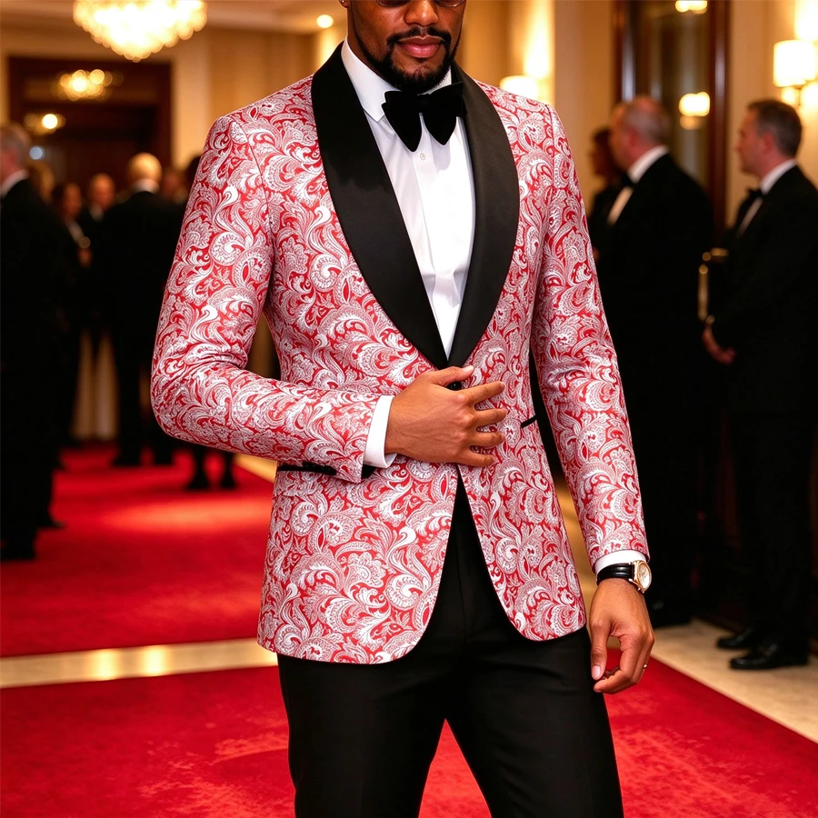Men Red Paisley Shawl Lapel Tuxedo Jacket Single Breasted One Button Blazer Wedding Party Prom Dinner Suit Coat