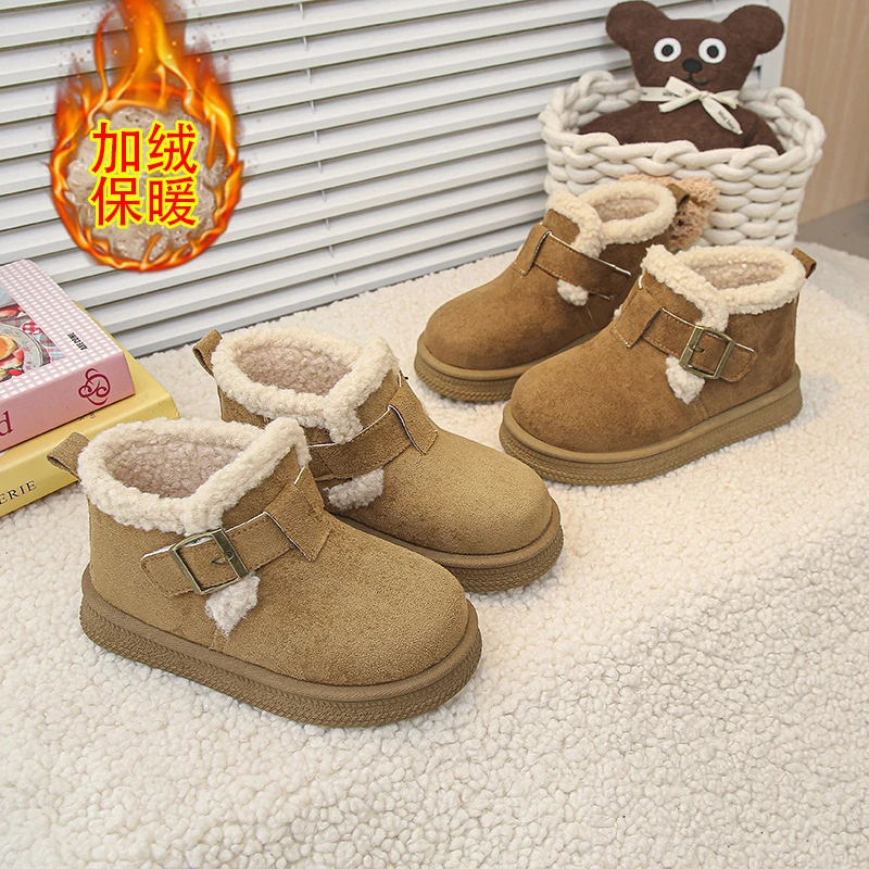 

2025 детские зимние ботинки, однотонные повседневные теплые ботильоны для девочек, модные универсальные детские уличные нескользящие хлопковые ботинки для мальчиков
