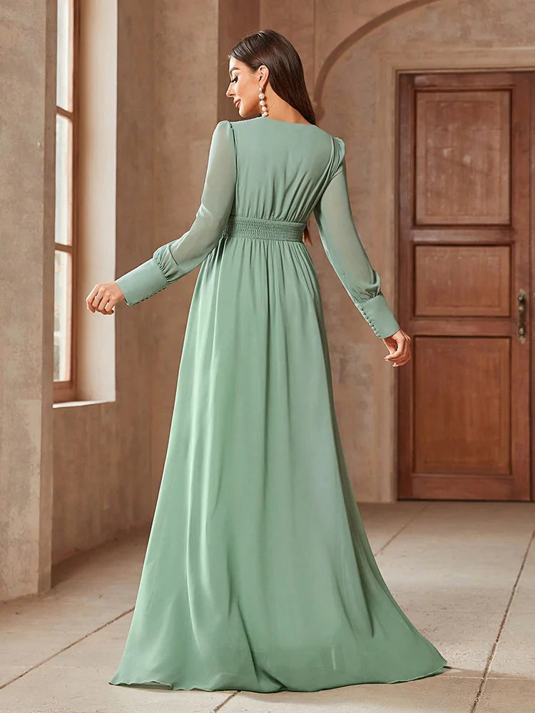 TOLEEN 2024 New Summer Luxury Elegant Party Evening Clothing Women\'s V-Neck Solid Color Elegant Banquet Match Long Sleeve Dress