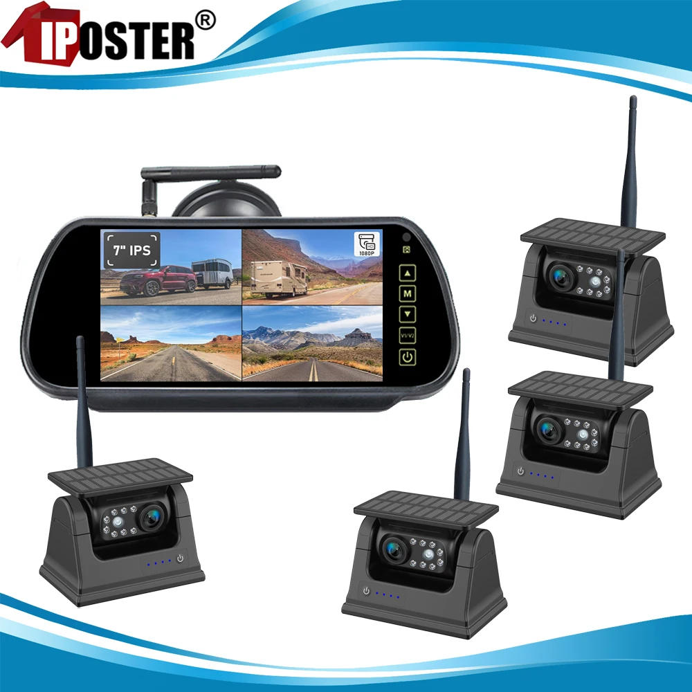 

iPoster Digital Wireless 7 Inch Rear View Mirror Car Monitor DVR Standby Mode Solar Panel Magnetic Base Rear View Cameras Rv Van