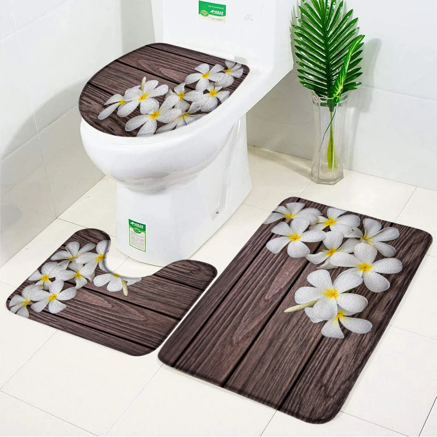 3pcs Set Purple Flower on Old Wooden Board Bath Mat Floral Rural Retro Decor Flannel Anti-slip Bathroom Rug Carpet Toilet Cover