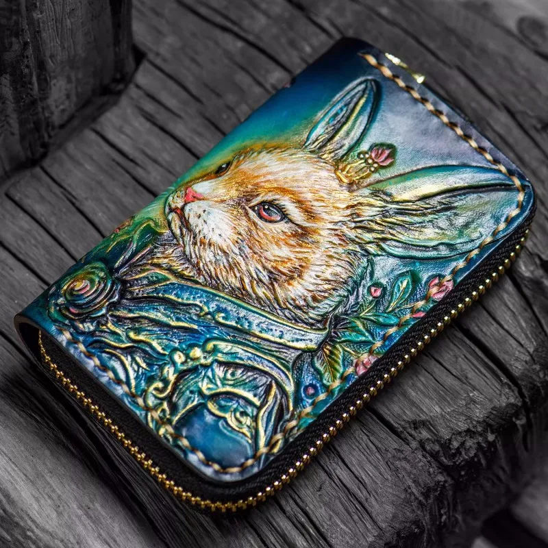 

Handmade Women Men Vegetable Tanned Leather Key Wallet Interior Bag Clutch Rabbit Purse Short Wallets Holders