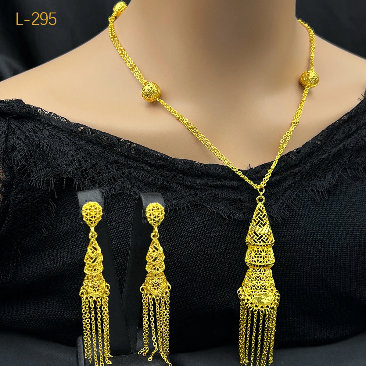 African Tassel Gold Color Necklace Earring Sets Arab Ethiopia Nigeria Wedding Party Choke Ring Jewelry Dubai Gifts Wholesale