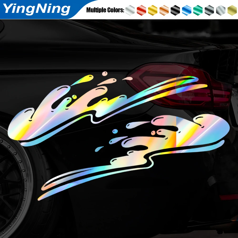 

2Pcs Holographic Laser Fluid Paint Car Stickers Rainbow Vinyl Decals for Car Body Scratch Cover Waterproof Reflective Auto Decor