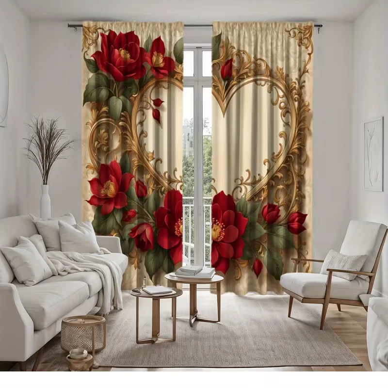 2PC Red Rose Heart Gold Frame Curtains Light Filtering Romantic Valentine's Home Window Drapes for Bedroom Living Room