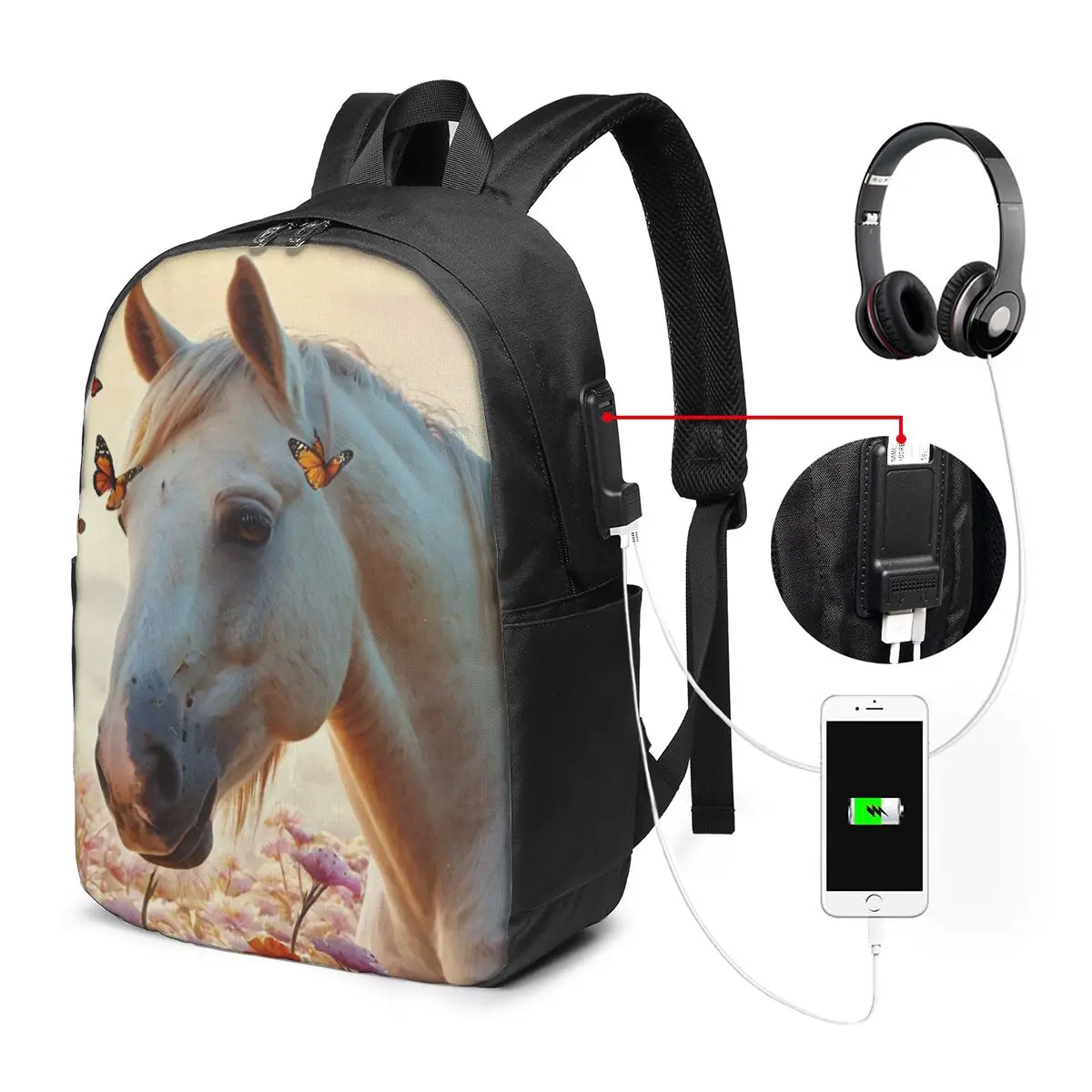 White Horse With Butterfly Print Backpack Travel Notebook Bag Computer College Student School Bag Laptop Shoulder Bags Men Women
