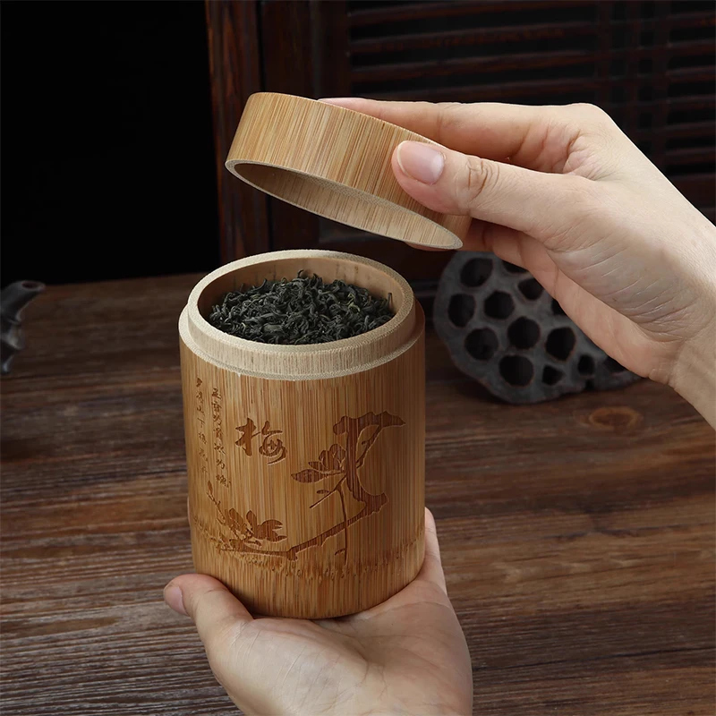 Handmade Bamboo Tea Storage Box Chinese Carved Tea Canister Lid Seal Kitchen Storage Jars Accessories Spice Box Case Organizer