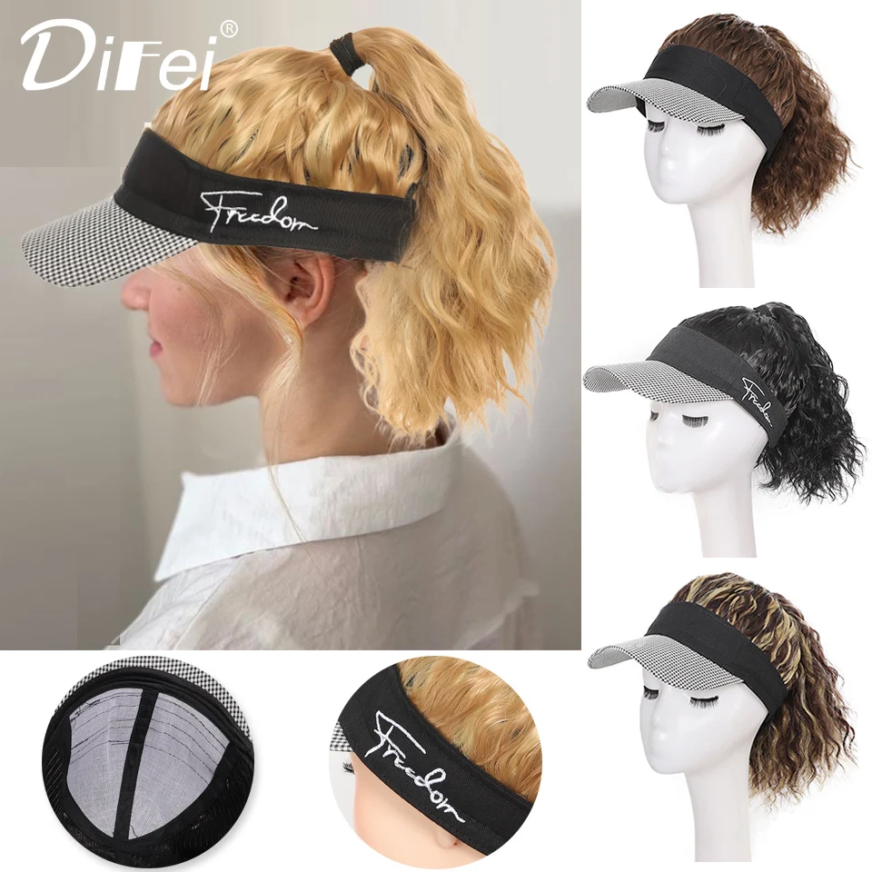 

DIFEI Hat Wig Curly Ponytail Synthetic Wig Women's Fashion Houndstooth Breathable Empty Sun Hat Curly Short Ponytail Hat Wig