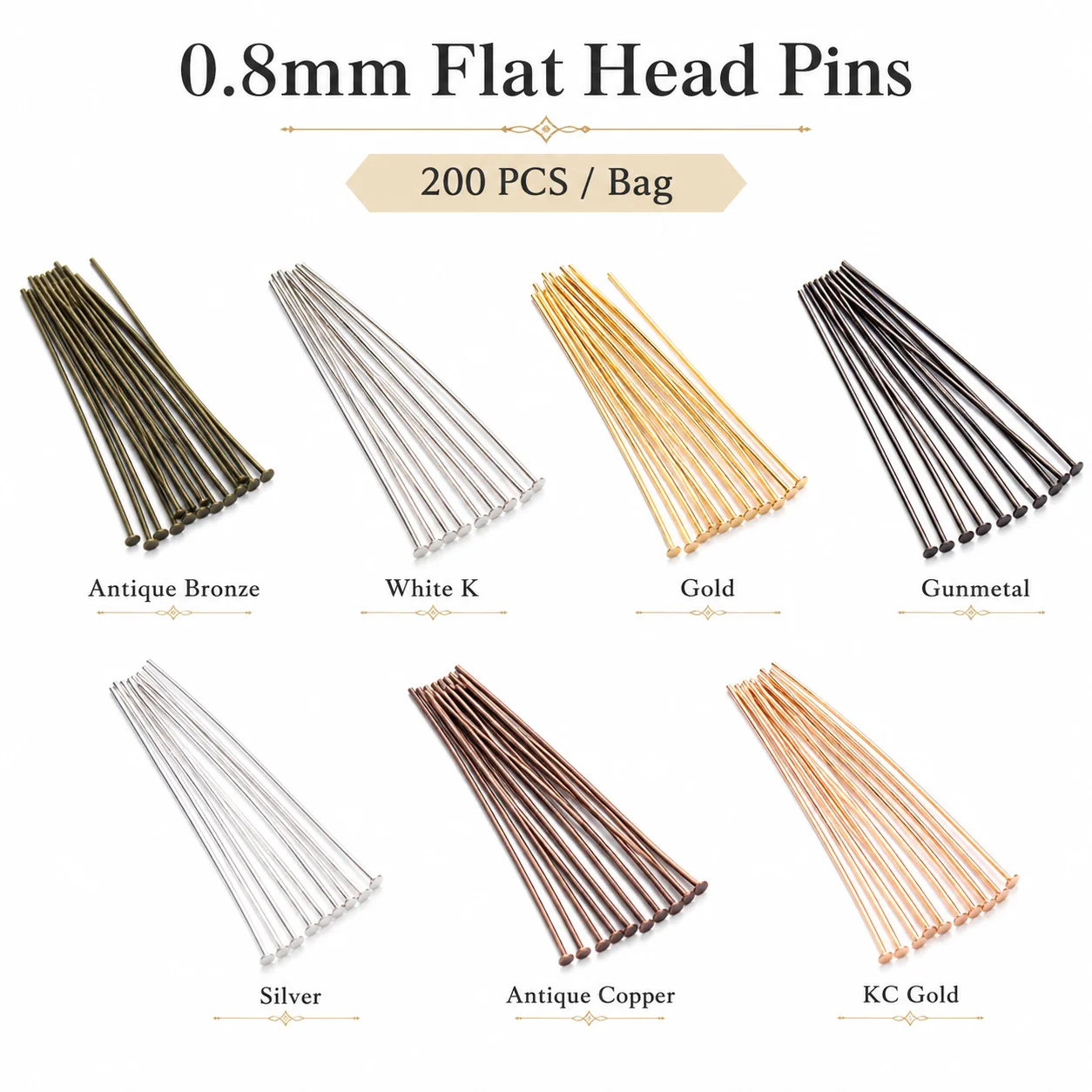 200pcs T Pins Head Pins Beading Pins, Flat Head and Ball Head Jewelry Making Supplies for Necklace Bracelet DIY