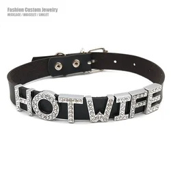 Sexy Bling Rhinestone Letter Hotwife Necklace for Women Men's Fashion Goth Pu Leather Choker Collar Party Jewelry Gift Width18mm