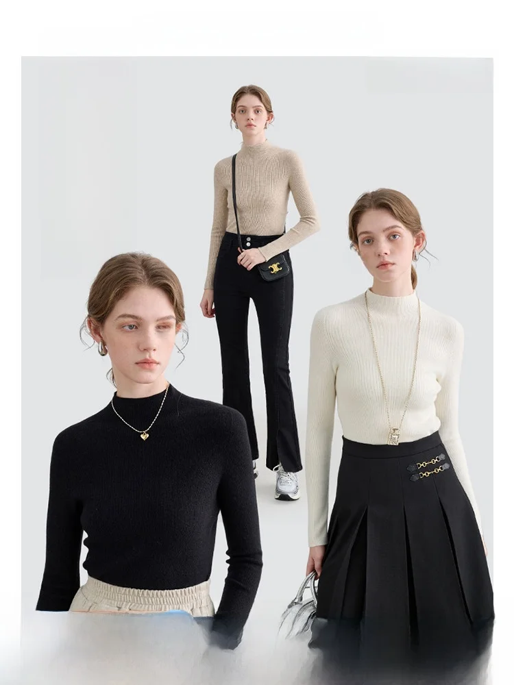 

VEGA CHANG Sl Inteated Knitted Top Women's Slimming Base irt Pure Color Upper Body Winter New Arrival Commute Sle