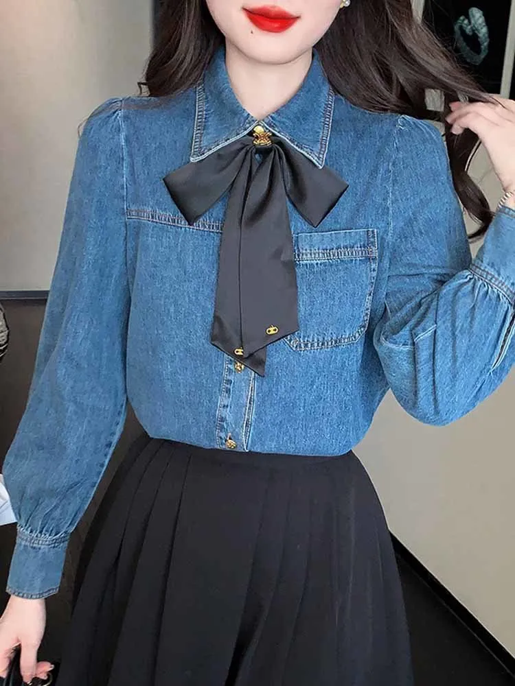 Autumn Spring Denim Women Shirts Bows Sweet Solid Korean Fashion Basics Blouses Elegant Casual Loose Blusas Mujer