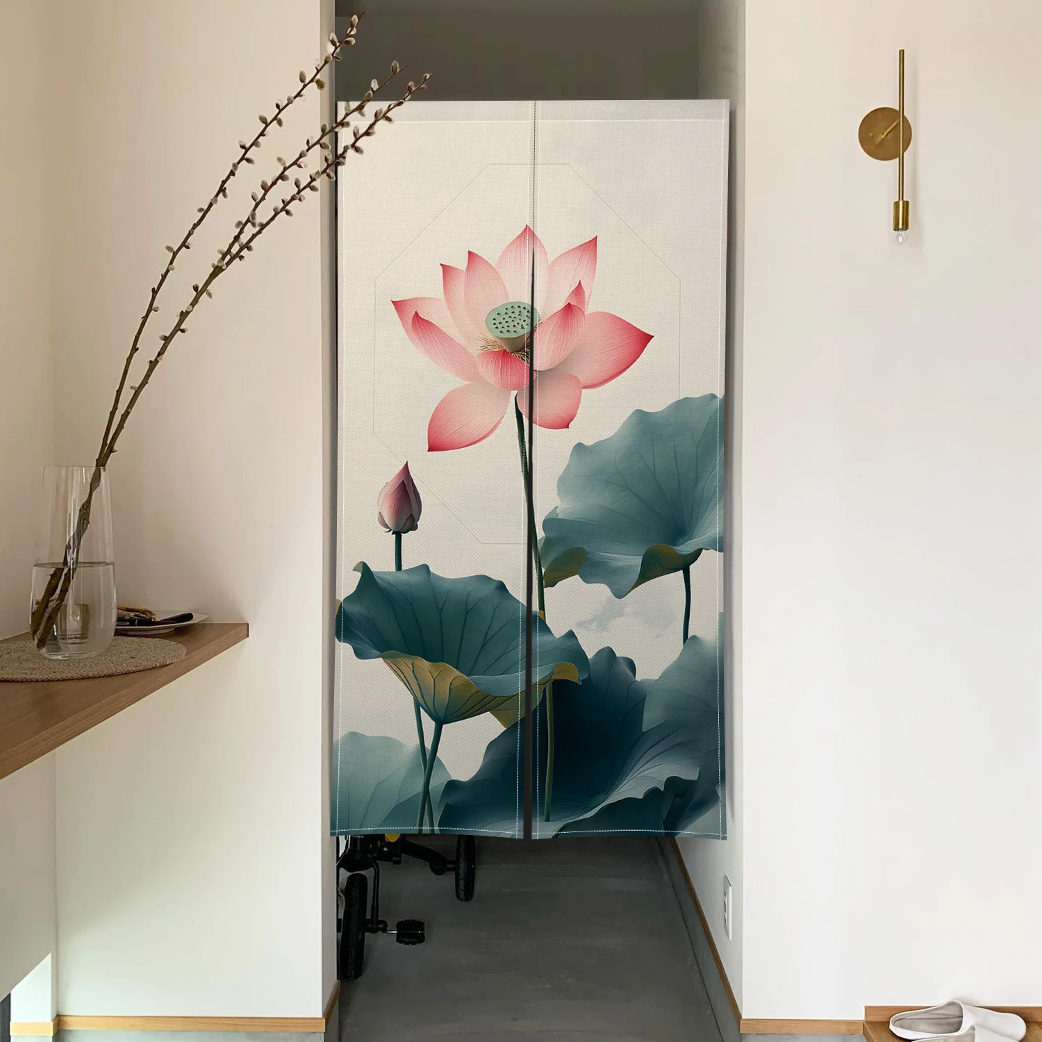Japanese Style Noren Curtain Elegant Lotus Green Leaves Print Traditional Asian Room Divider Decor Linen Fabric Half Curtain