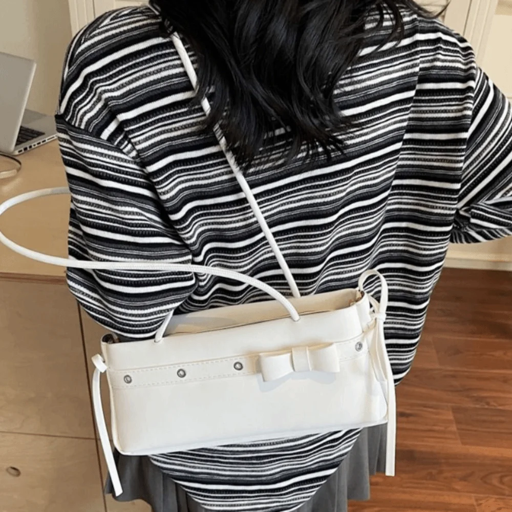 

All-match Sweet French Stick Handbag Bow Ribbon Y2K Bow Shoulder Bag Korean Style French Armpit Bag School