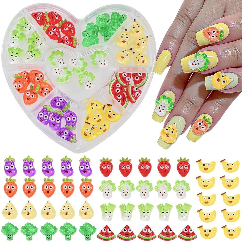 

45/50pcs Kawaii Mixed Vegetable Fruit Nail Charms 3D Cabbage Carrot Strawberry Resin Rhinestones DIY Crafts Nail Decoration