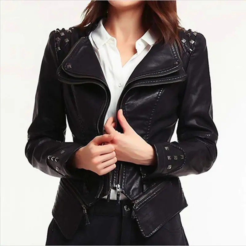 Veste en cuir PU pour femme, vêtement de printemps à Rivet, Double fermeture éclair, style Hip Hop, Slim, pour moto, grande taille