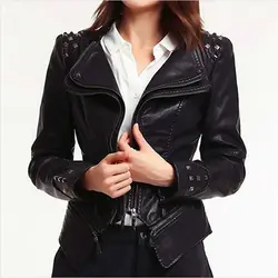 Spring Women Fashion Rivet Double Zipper Hip Hop Slim PU Leather Jacket Ladies Motorcycle Top Coats Female Chaquetas Plus Size