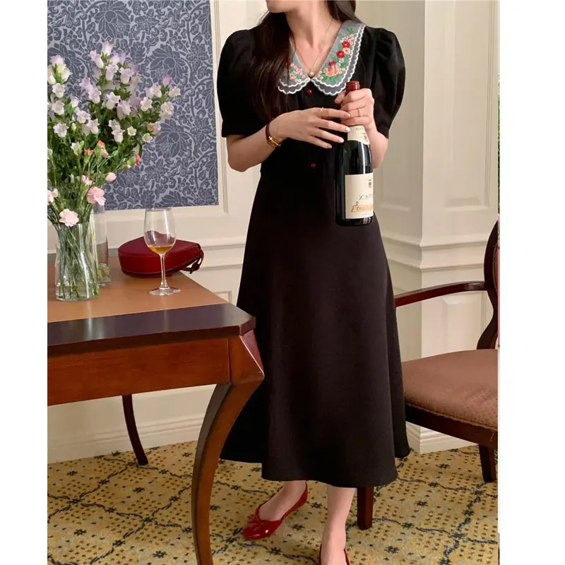 Summer Retro Women Midi Dress Korea Office Lady Embroidery Floral Peter Pan Collar One Piece Female Fashion Black Pink Vestido