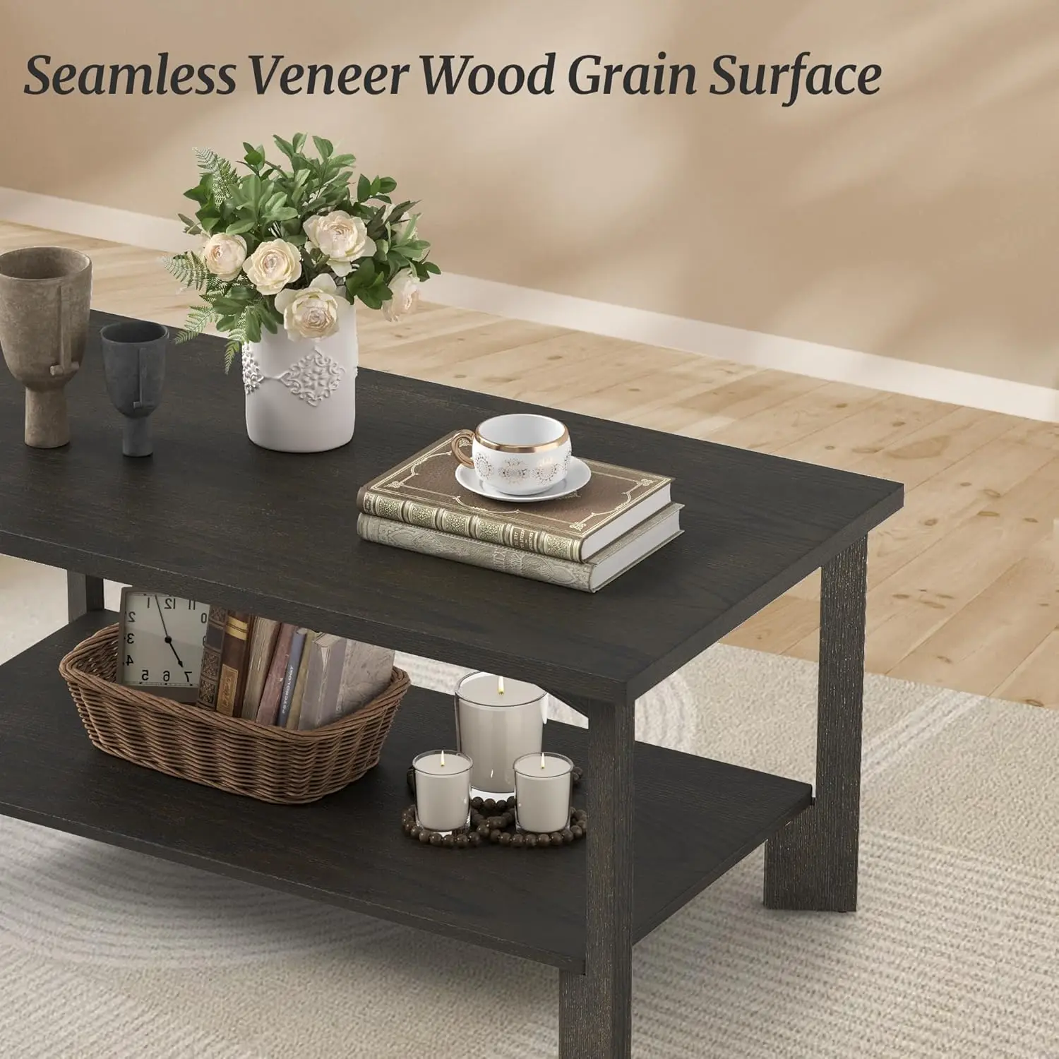 39 Inch Coffee Table,Wood Rectangle Modern Center Table With 2-Tier Storage Shelf For Living Room,Dark Brown