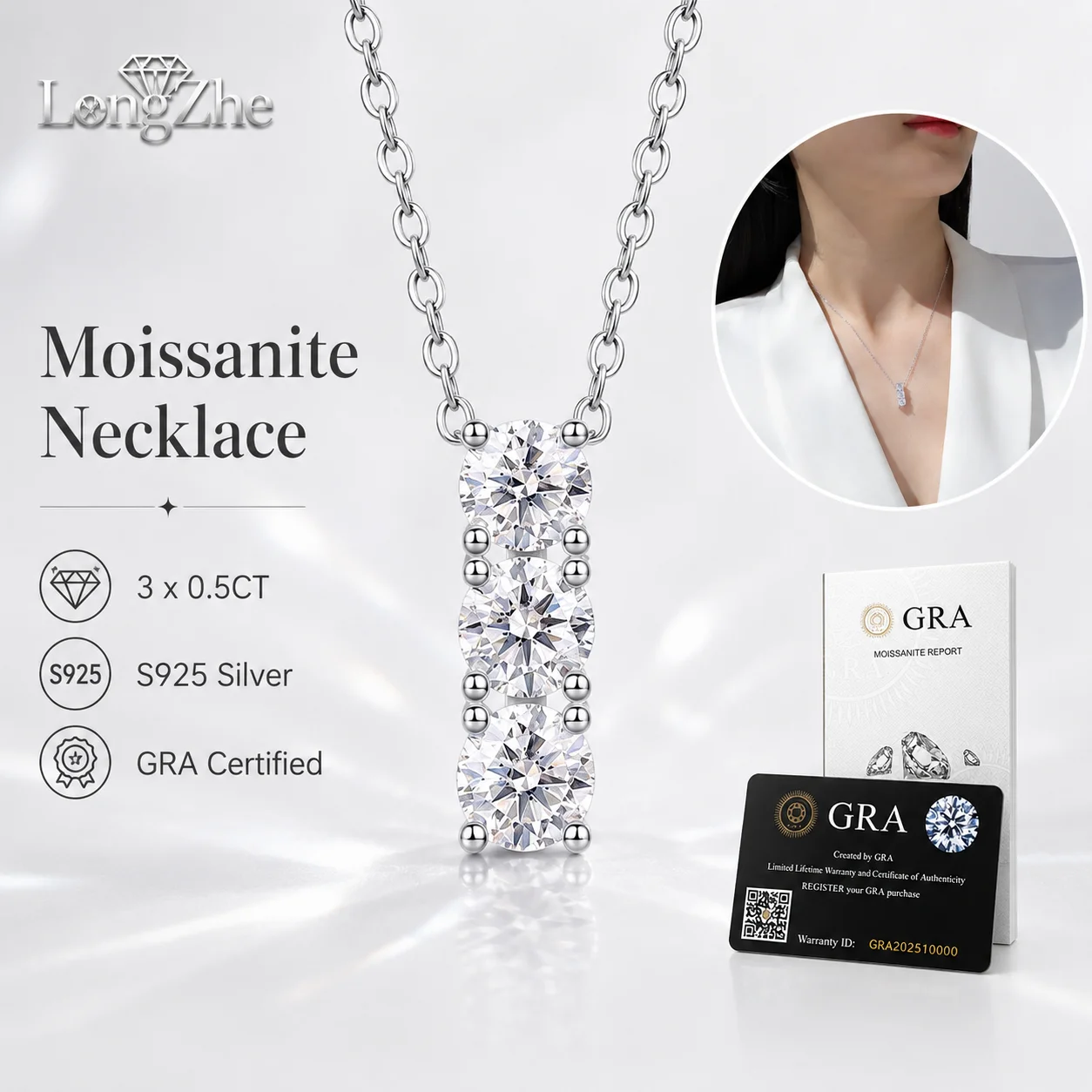

3-Stone 1.5CT Moissanite Pendant Necklace for Women S925 Sterling Silver Adjustable 41-50cm Cross Chain OL Style Fine Jewelry