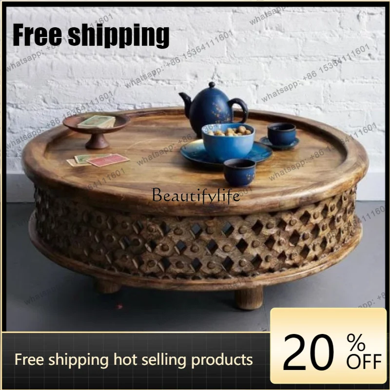 Customizable Solid Wood Furniture American Country Classical French Round Table Hollow Pattern Coffee Table