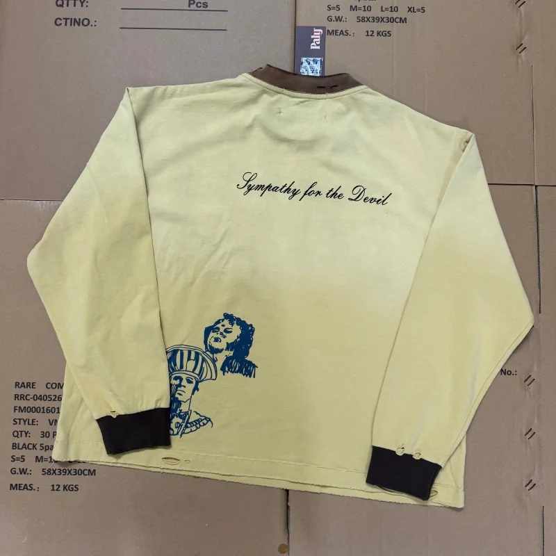 High Street Gradient Yellow Fall Paly Personalized Slogan Letter Print Loose Fit Distressed Long-Sleeve T-Shirt