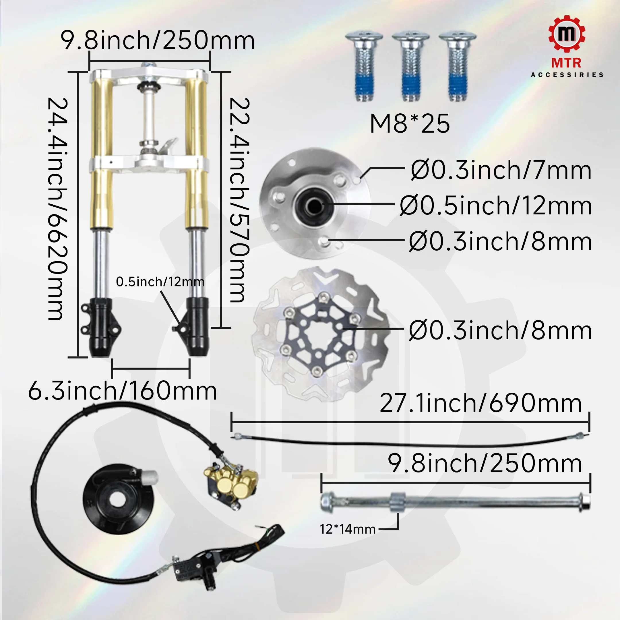 570mm Front Fork Kit Z50 Front Suspension kit 45mm Gold Dual-Piston Caliper for Monkey Z50 Motorcycles