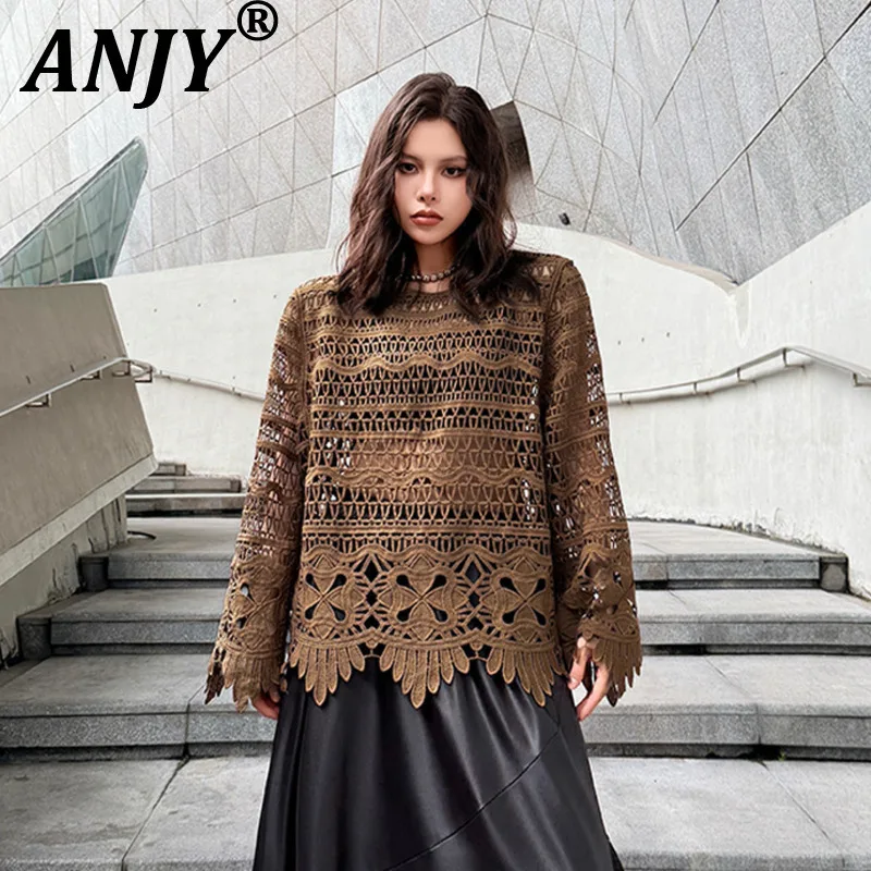 

ANJY Новая женская элегантная кружевная футболка с вышивкой крючком, ажурная, с длинным рукавом, свободного кроя, в повседневном стиле для отпуска, стильная, A21821