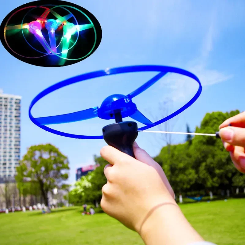 Luminous Pull Wire Flying Saucer Toys Children Outdoor Rotating Flyings Toy LED Light Flash Playing UFO Kid Early Learning Games