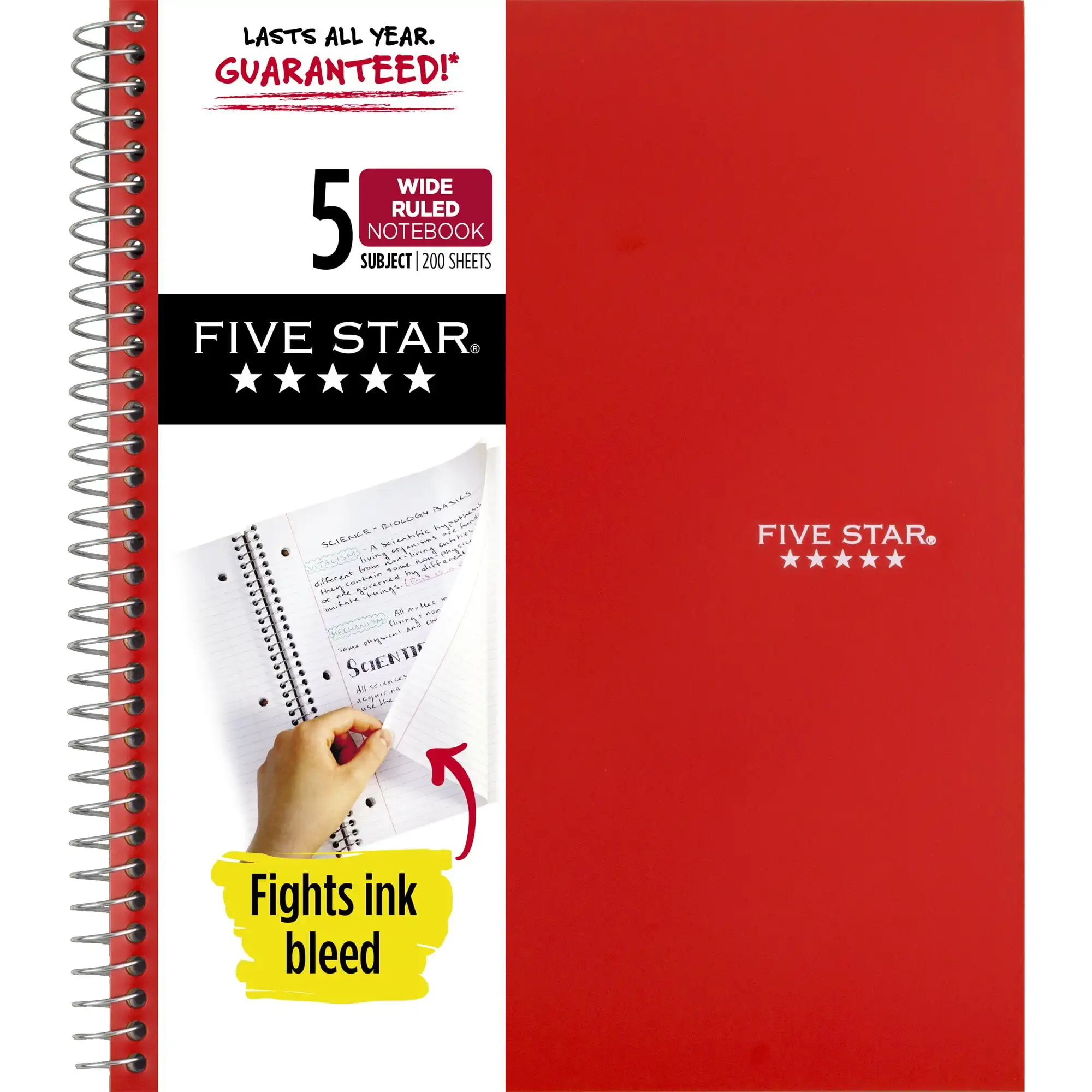 

(4 pack) Five Star Spiral Notebook Plus Study App 5 Subject Wide Ruled 8 x 10 12 Fire Red
