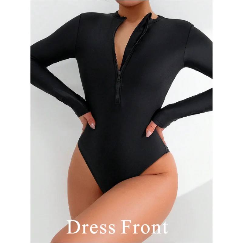 2025 Summer Women Solid Color Long Sleeve Conservative One Piece Swimsuit Chest Front Zipper Black Swimwear Beach Surf Outfit