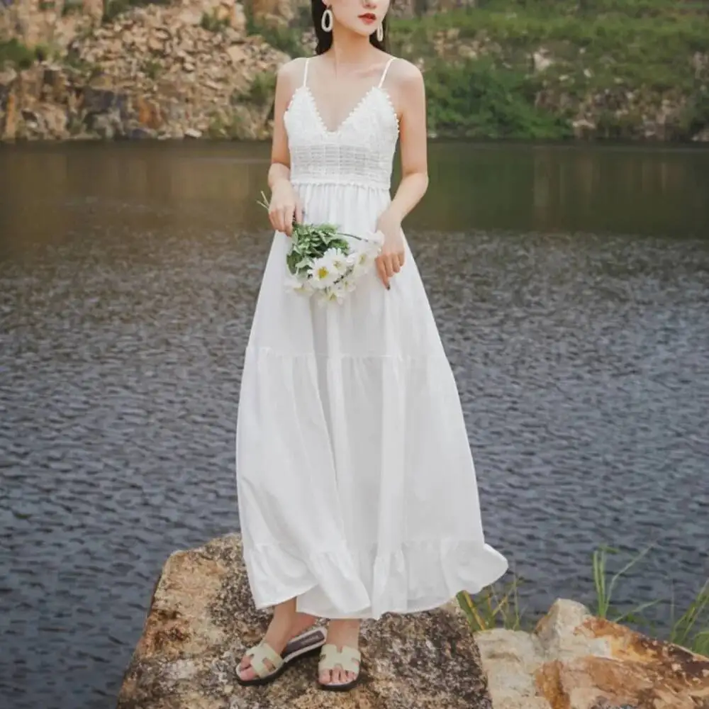 Chic Sexy Backless Bandage Crochet Ruffle Slip Dress Fairy Casual A-line Dress Vestido Summer Beach Vacation Women Boho Sundress