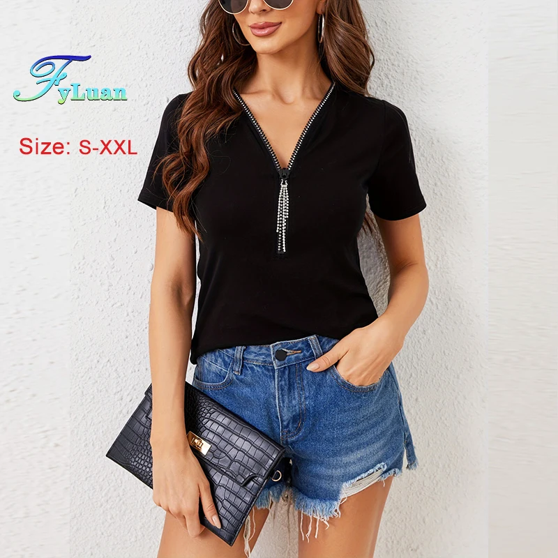 

2025 New Summer Women Clothes Cotton T-Shirt Chic Sexy V-Neck Zipper Tassels Tops Black Short Sleeve Versatile Female Pullover