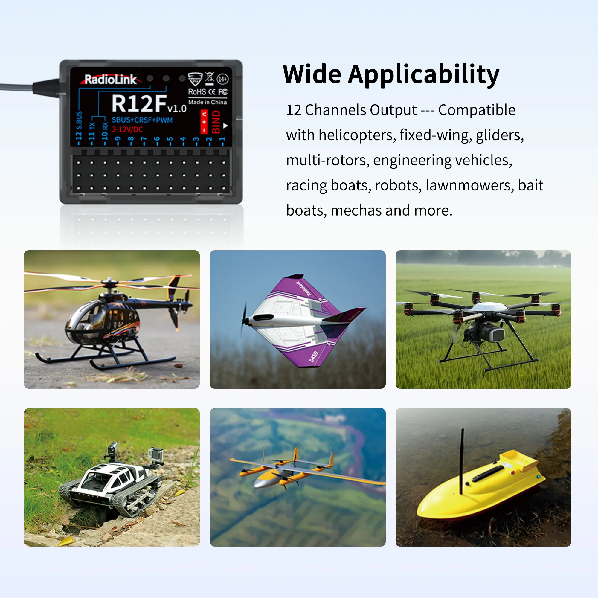 Radiolink R12F 12 チャンネル RC レシーバー内蔵シミュレータプログラム RC 飛行機、ジェット、車、ボート用 2.4Gh ラジオリモコン用