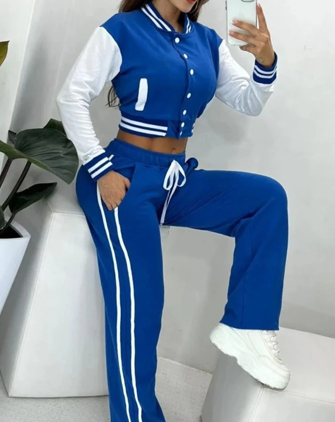 Casual Daily Style Stripe Colored Baseball Jacket Pants Set Women's New Hot Selling Fashion 2023 Autumn/winter