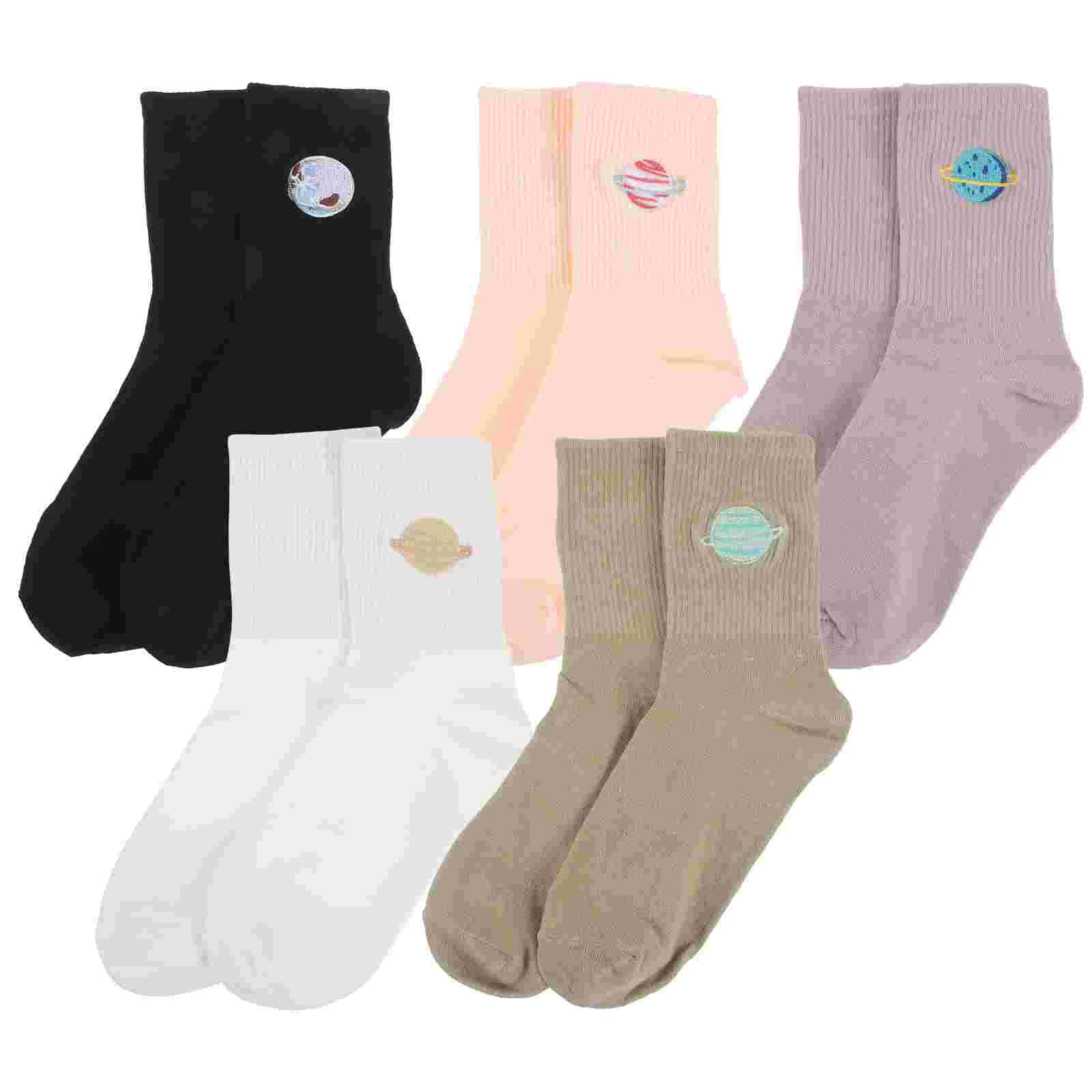 

5 Pairs Ankle Ladies Planet Socks Women's Cotton for Funny Embroidery Combed Stockings Adults